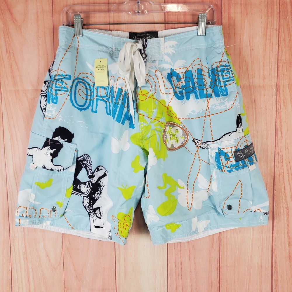 Abercrombie & Fitch Mens Board Shorts Sz Medium Light Blue Graphic Map Y2K